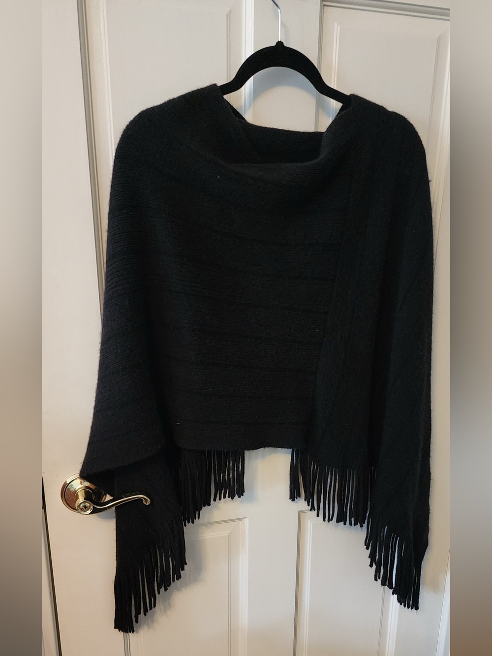 Black Fringe Knit Poncho Sweater - Women's